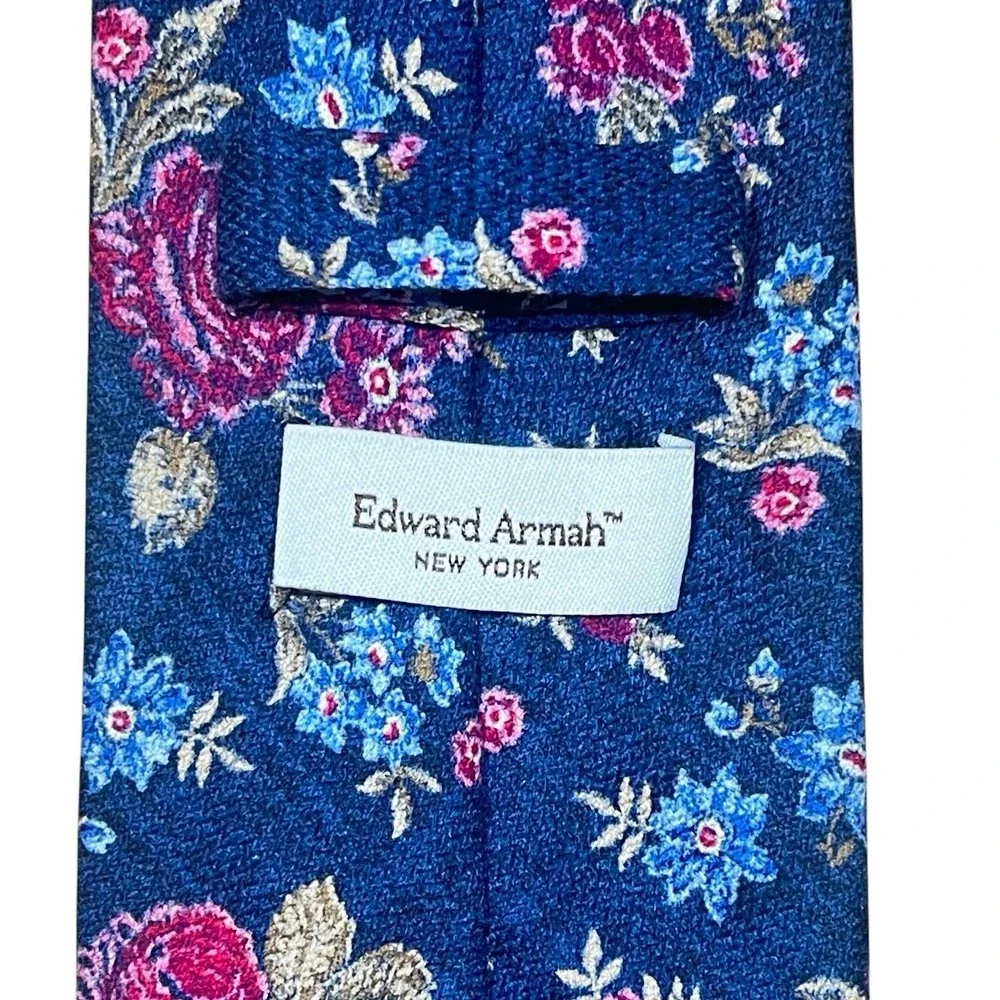 Edward Armah Extra Long Necktie 100% Silk Navy Diamante Print Florals Italy Made